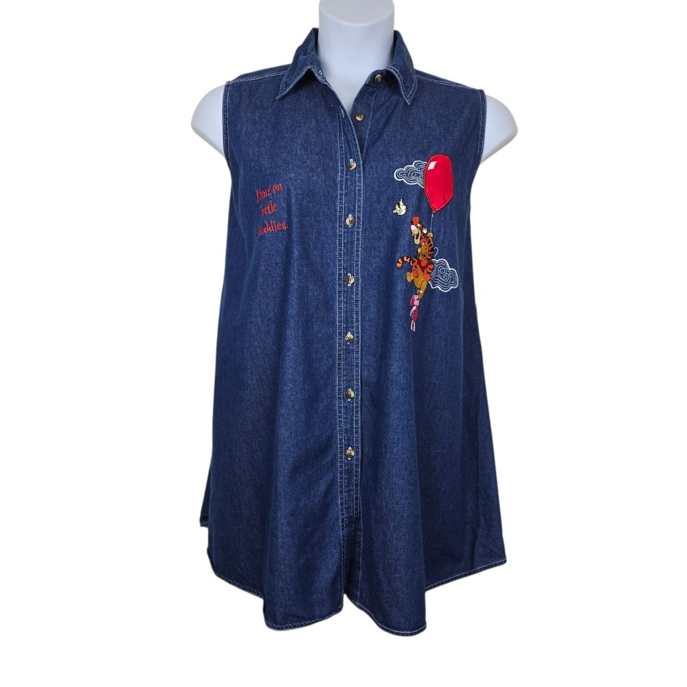 Disney Womens Winnie the Pooh Sleeveless Embroidered Denim Maternity Top Size M